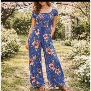 Band of Gypsies Blue Floral Smocked Wide Leg Jumpsuit Womens Medium Boho Tassel